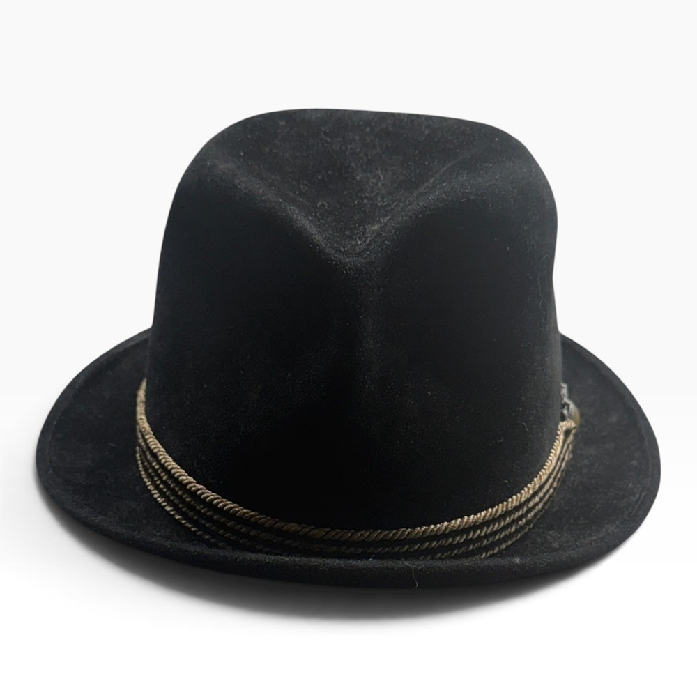 Vintage Melton New York Genuine Velour Black Fedora Hat Rope Band Crest Mens S/M